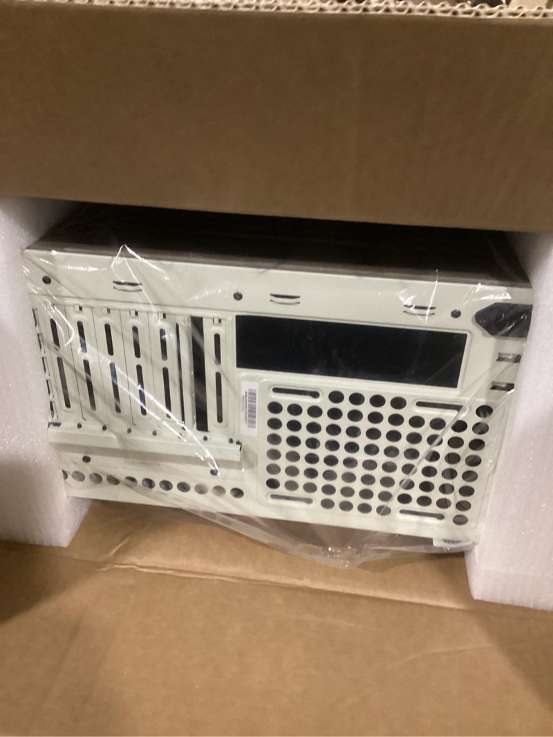 Condition photo showing As Is for cooler master qube 540 atx mid-tower pc case – highly customizable modular computer chassis with movable i/o panel, multi-position psu mount, tempered glass panel & portable handles – moonstone white