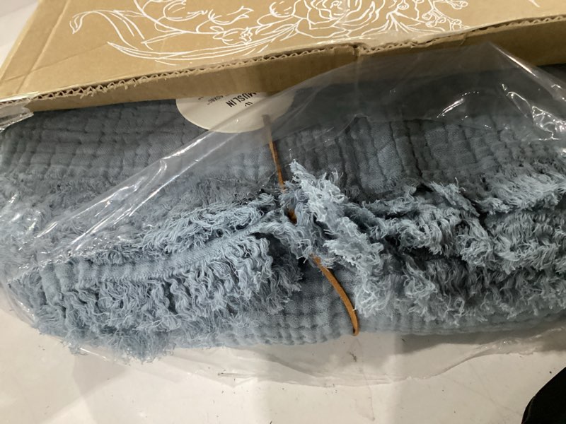 Condition photo showing Good Condition for wdcozy 100% cotton muslin blanket queen size 4-layer for bed breathable lightweight soft large boho farmhouse linen tassels ruffle gauze blankets all season for adults 90x90 inches dusty blue dusty blue queen (90"x90")