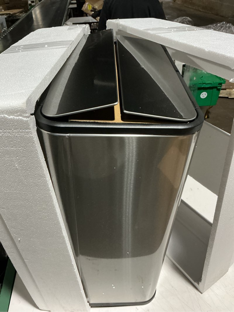 Condition photo showing Good Condition for GarveeHome 56 L/14.8 gal Step-On Kitchen Trash Can with Butterfly Lid,2 * 7.4 gal Dual Compartments Garbage Can with Wing Lid,Slim Pedal Stainless Steel Trash Bin with Removable Buckets Silver 2*7.4 Gallon