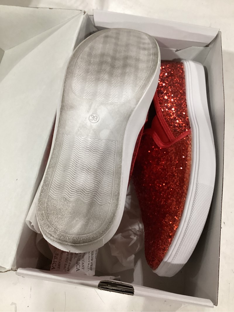 Condition photo showing As Is for feversole women's fashion slip-on sneaker casual flat loafers 8.5 red glitter