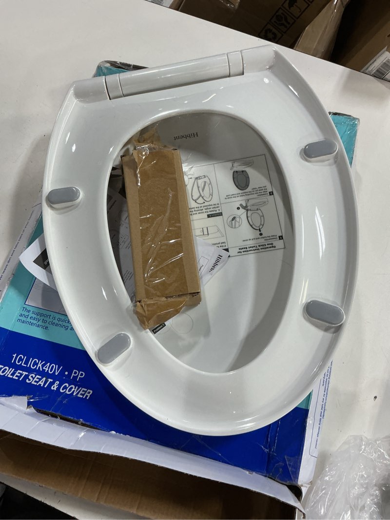 Condition photo showing Good Condition for hibbent premium elongated toilet seat with quiet close, one-click to quick release, installation non-slip seat bumpers, slow toilet seat and cover, cleaning-white color one-click elongated 18.5"