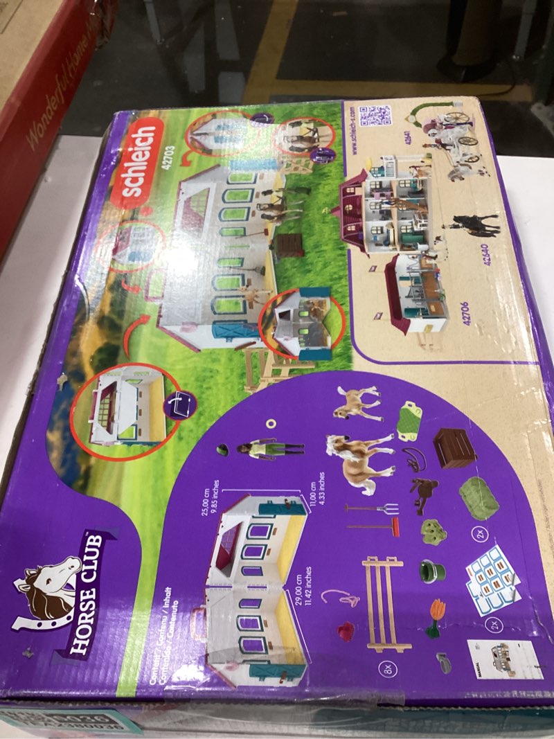 schleich horse club - 60pc little horseshoe open stable playset - easy carry set with 2 horse figurines, action figure, stable and accessories - toy horses for girls and boys - kids ages 5+ | 42703