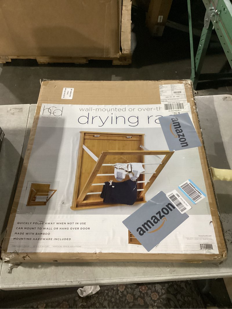 honey-can-do wall-mounted clothes drying rack, bamboo, collapsible, 23 in w x 27.25 in h