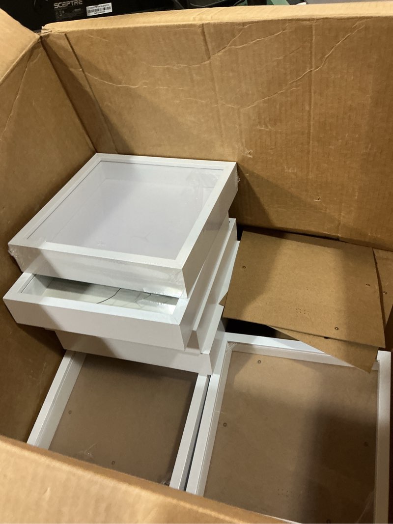 Condition photo showing As Is for 6 pack shadow box frames, 8 x 8 inches square artificial board shadow boxes display case, white 3d picture frames for photos, dried flowers, wall mounted handicraft photo frame