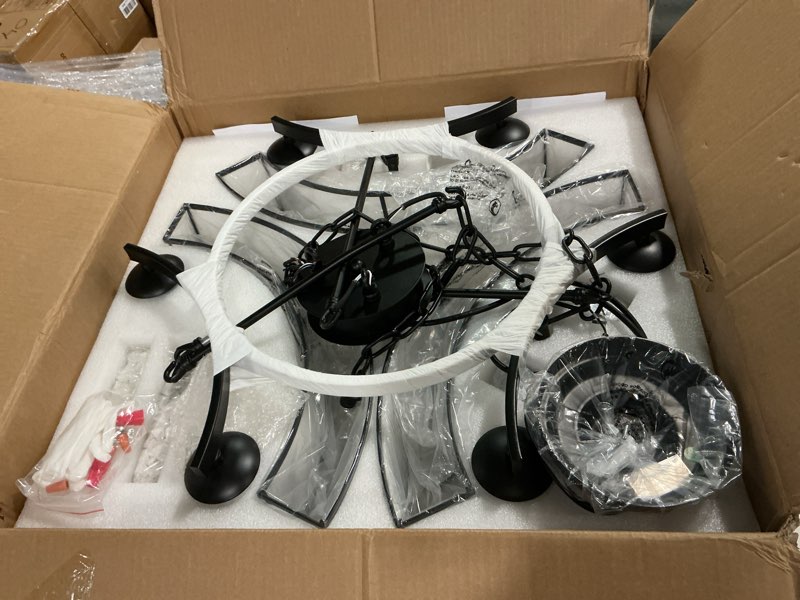 Condition photo showing New/Like New for NOXARTE Round Crystal Chandelier 6 Lights Hanging Chandelier Pendant Light Ceiling Fixture Black Iron Frame for Dining Room Living Room Farmhouse D26 Inch x H20 Inch