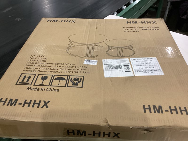 Condition photo showing As Is for Garden 4 you Nesting Coffee Table, 23.6" Round Coffee Table Set of 2, Wooden Nesting Table with Metal Frame, Ceter Tables for Living Room Bedroom Balcony, Rustic Brown Rustic Brown Engineered Wood