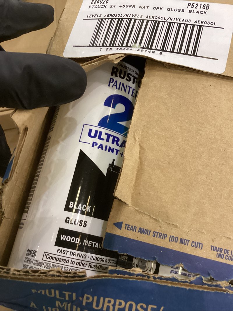 Condition photo showing As Is for Rust-Oleum 249122 Painter's Touch 2X Ultra Cover Spray Paint, 12 oz, Gloss Black Gloss Black 12 Ounce (Pack of 6) Gloss