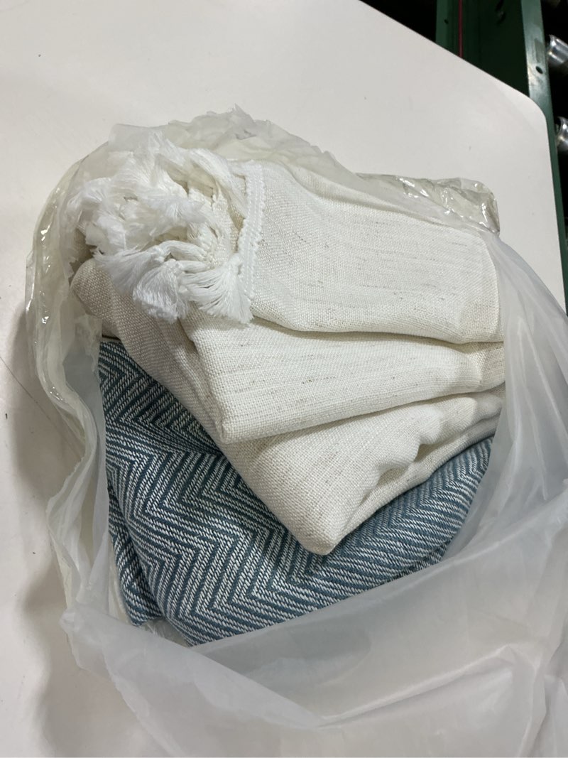 Condition photo showing Good Condition for oubonun tablecloths for rectangle tables, cotton linen waterproof farmhouse table cloth with boho tassels – wrinkle free, wipeable & washable for kitchen & dining, 55''x120'', 10-12 seats beige?blue stripe 120" x 55" (rectangular)