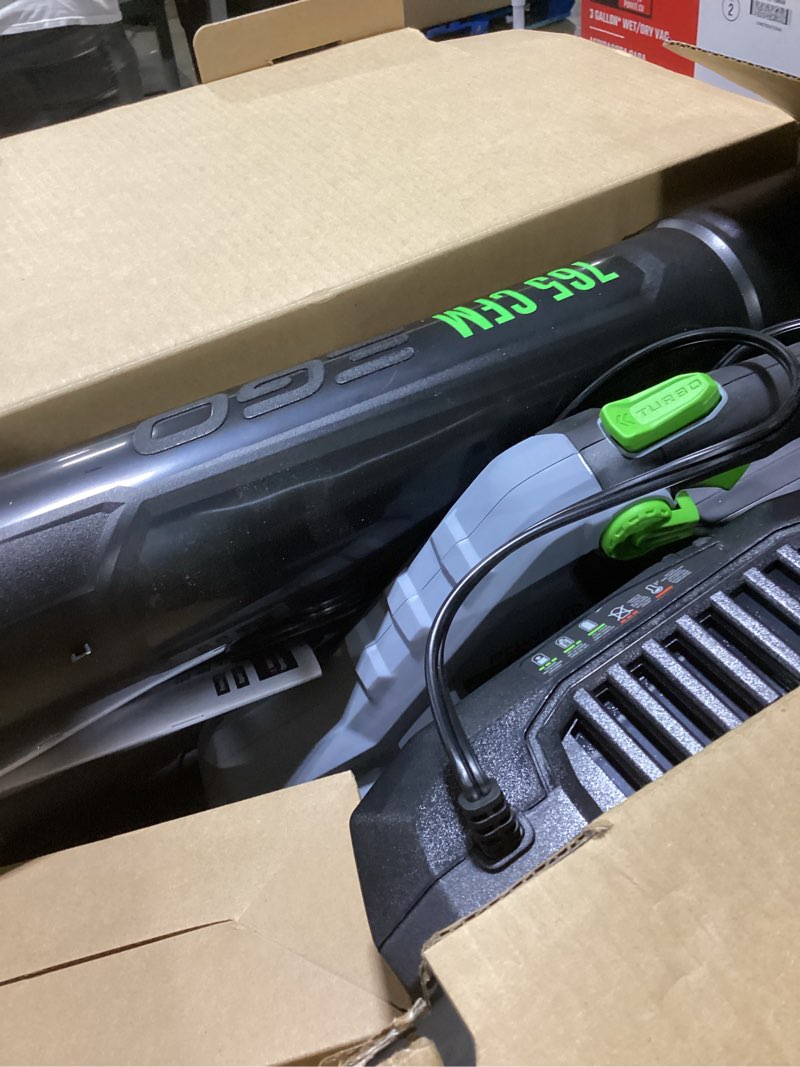 Condition photo showing As Is for ego power+ 56-volt 765-cfm 200-mph battery handheld leaf blower 5 ah (battery and charger included)