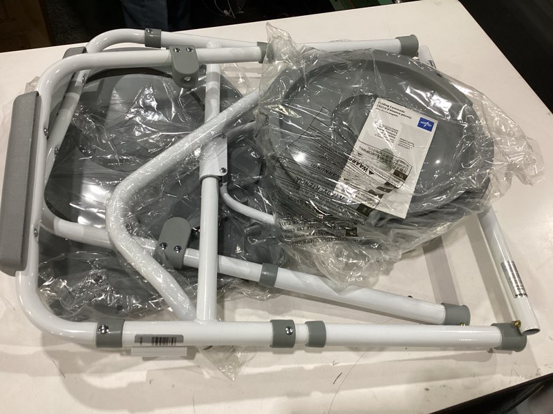 Condition photo showing New/Like New for medline 3-in-1 steel bedside commode, elongated seat, sturdy folding frame, 7.5 qt. bucket, 350 lb. weight capacity, clip-on seat, easy cleaning, tool-free assembly, gray