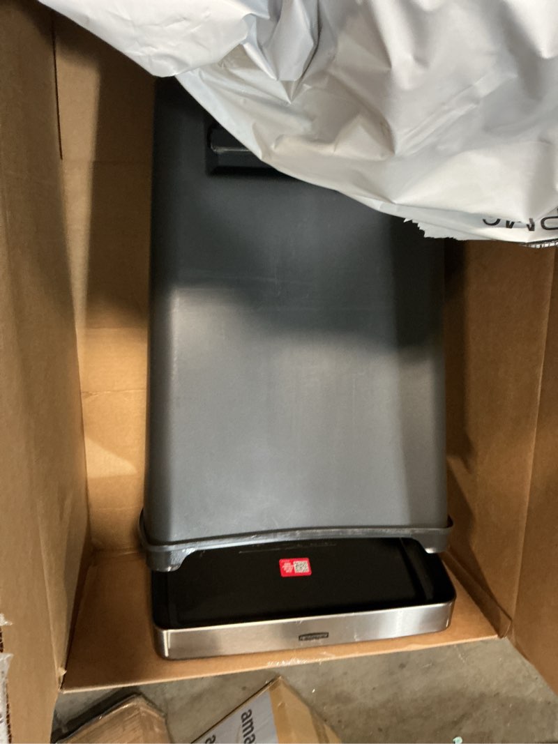 Condition photo showing As Is for rubbermaid premier series iii step-on trash can for home and kitchen, with stainless steel rim, 12.4 gallon, charcoal, for home/kitchen/garage/apartment/office metal rim, resin lid