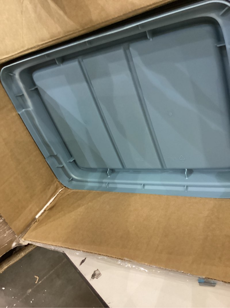 Condition photo showing As Is for Hefty HI-RISE 40 Qt Stackable Storage Bins with Lids – 6 Pack Clear Plastic Under Bed Storage Containers, Shoe Organizer Boxes with XL Lid-Locking Latches, Comfort-Grip Handles, Durable Double Rim 40 Qt - 6 Pack