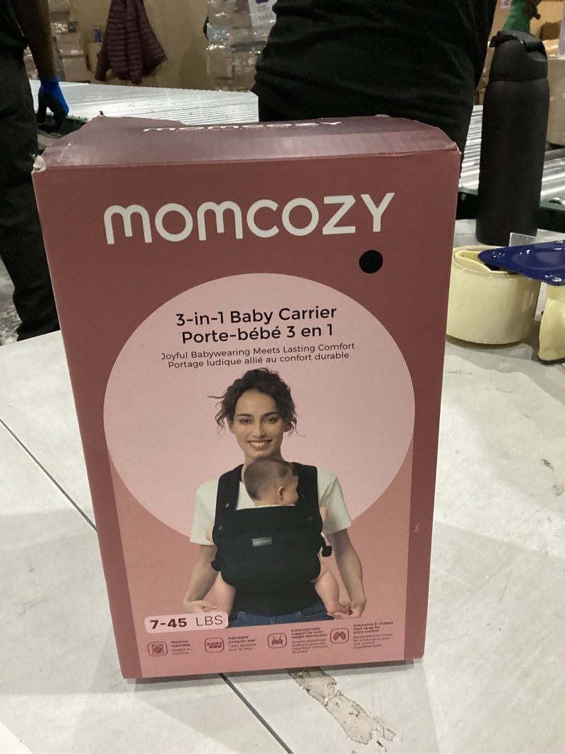 Condition photo showing New/Like New for momcozy baby carrier - ergonomic, cozy and lightweight carrier for 7-45lbs, effortless to put on, ideal for hands-free parenting, enhanced lumbar support, purehug for infant to toddler, black cotton-black