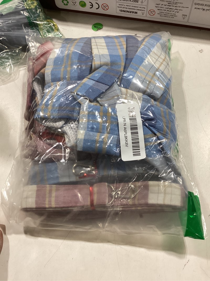 Condition photo showing New/Like New for 4 pcs cute plaid dog dress set with bow tie harness & leash for small dogs, puppy clothes for girls outfits(s,dark color) small dark color