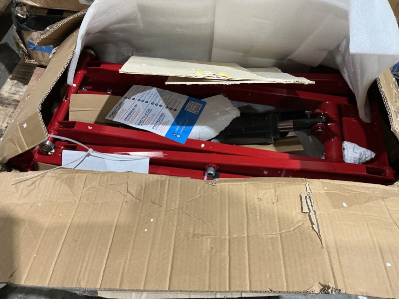 Condition photo showing Good Condition for hydraulic lift table cart, 330 lbs capacity 28.5 in lifting height, manual single scissor lift table with locking wheels & non-slip padfor material handling and transportation(red) 330lbs | 28.5" lift height | red