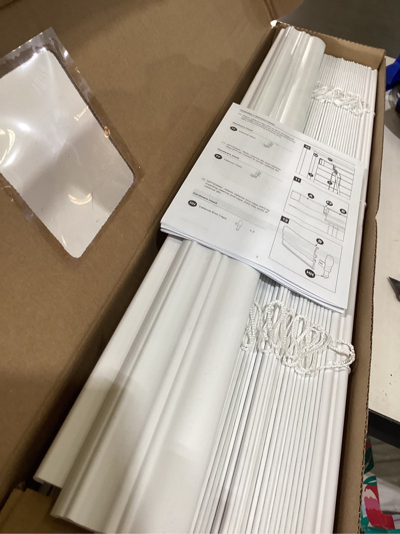 Condition photo showing As Is for allen + roth trim at home 2-in slat width 27-in x 64-in cordless white faux wood room darkening horizontal blinds