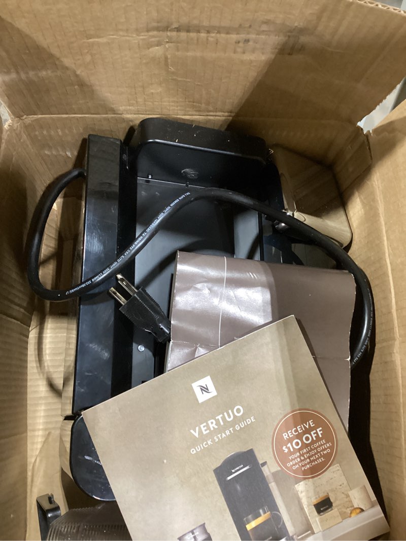 Condition photo showing As Is for nespresso vertuo coffee and espresso maker by de'longhi, piano black with aeroccino milk frother machine + frother black