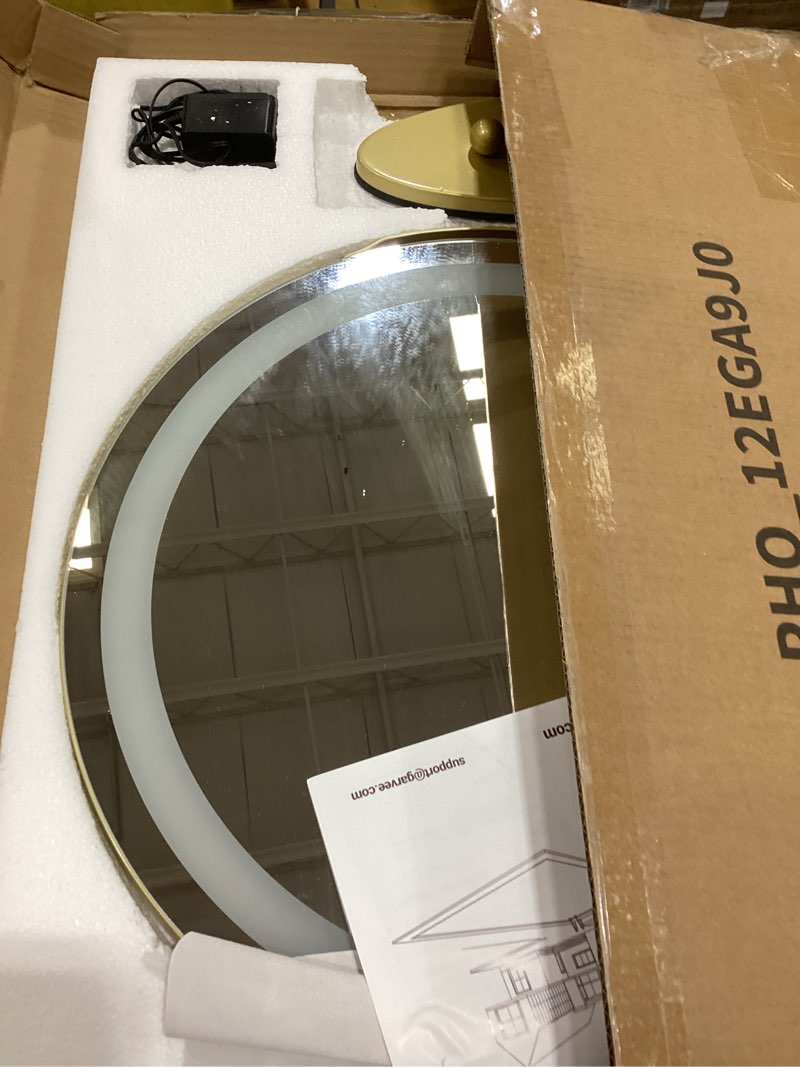 Condition photo showing As Is for 19" Round Vanity Mirror with Lights, Large Makeup Mirror with 3 Color Lighting Dimmable, Smart Touch Control, 360°Rotation Vanity Mirror for Bedroom, Dressing Room, Tabletop, Easy to Install, Gold