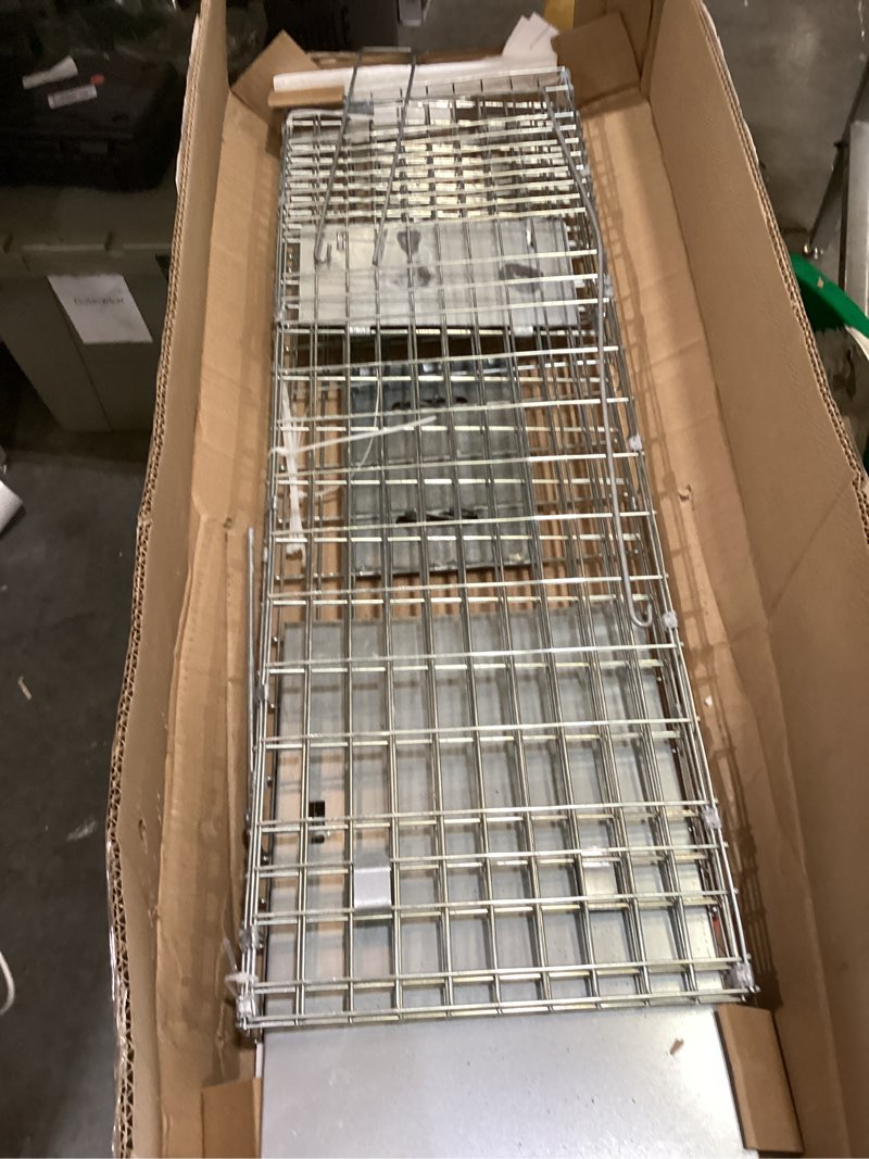Condition photo showing As Is for vevor live animal cage trap, 31" x 10" x 12" humane cat trap galvanized iron, folding animal trap with handle for rabbits, stray cats, squirrels, raccoons, groundhogs and opossums