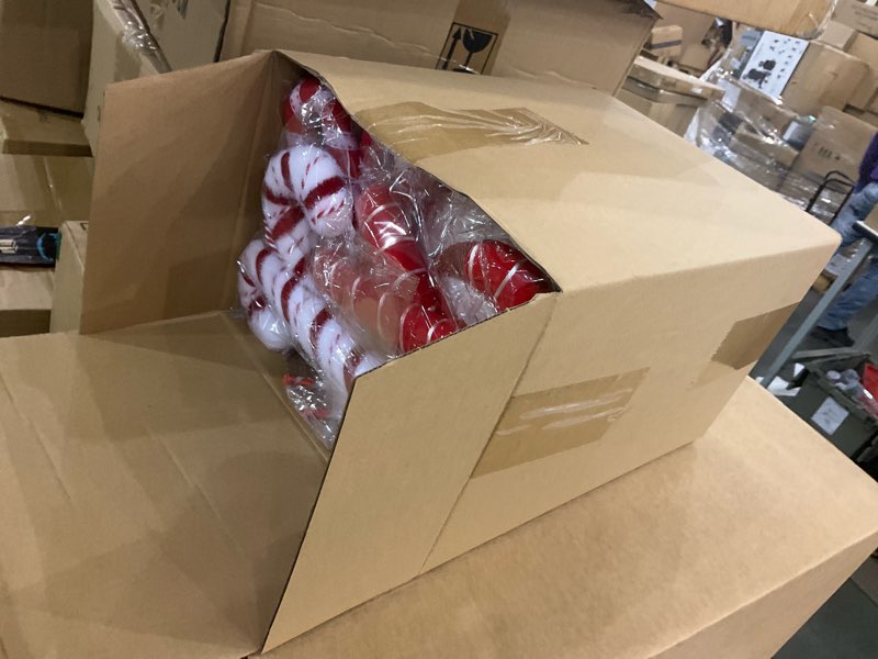 Condition photo showing Good Condition for 12 Pcs 15.75'' Large Candy Cane Christmas Decorations Giant Lollipop Candy Xmas Decorations with Sticks Red and White Peppermint Decor for Christmas Tree Ornaments Party, 12 Styles