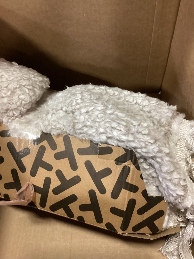 Condition photo showing As Is for ultra soft cozy sherpa throw blanket with tassel, light weight warm decorative 2 tones ombre light brown pattern reversible boho style blanket for sofa, couch, bedroom,travel, 50”x60”