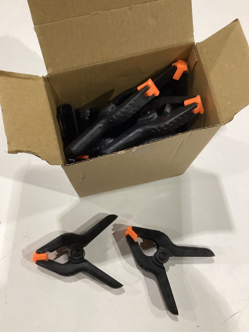 Condition photo showing New/Like New for 12 pack plastic spring clamps, 3.5inch small heavy duty clips for crafts, backdrop stand, woodworking, photography studios (black) 12 pack,3.5inch