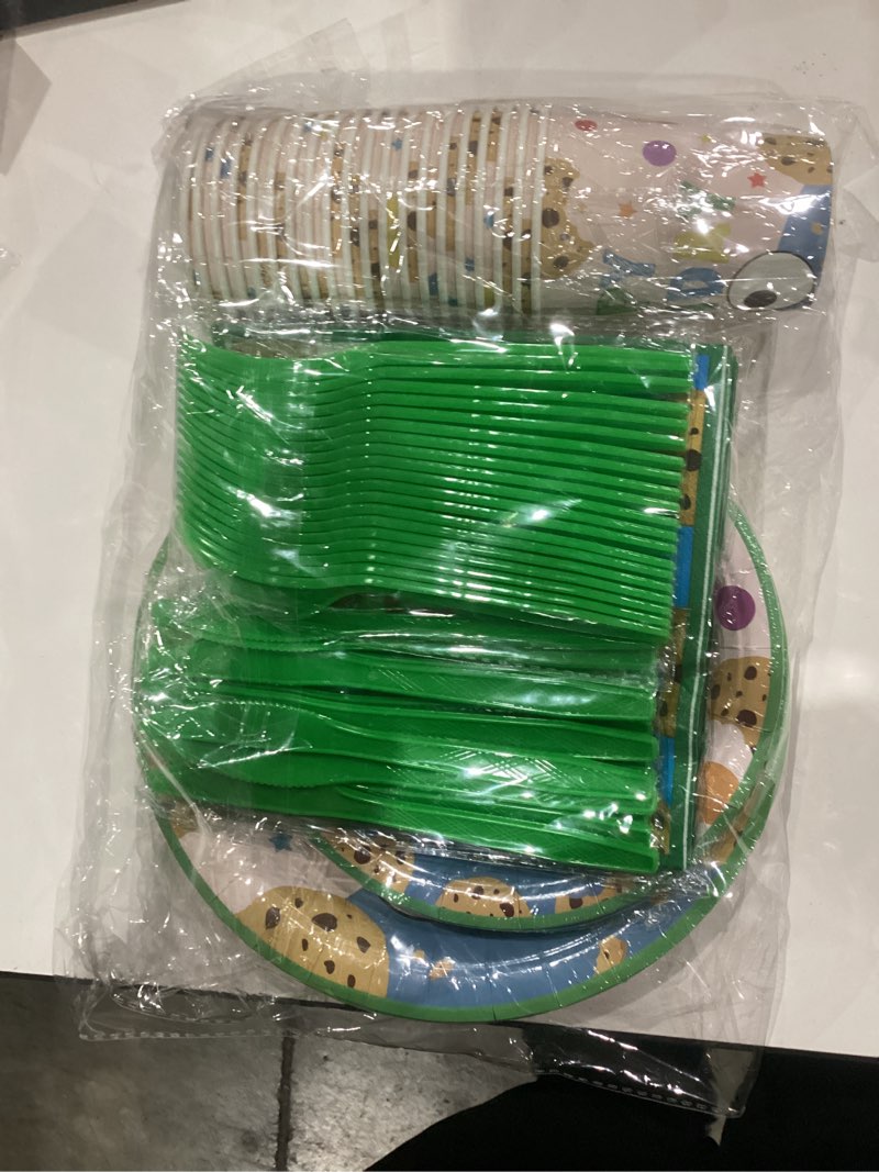 Condition photo showing New/Like New for 120PCS Cookie Party Supplies for Baby Birthday Party Themed Tableware Set Napkin Cups Forks Knives for 20 Guests