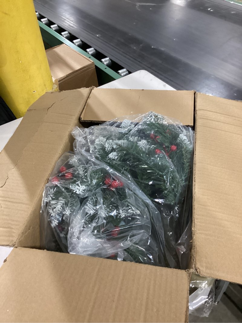 Condition photo showing As Is for yunlly 2 pcs 23.6in frosted artificial cedar pine topiary trees for front porch decor, outdoor christmas tree with cones red berries, faux shrubs uv resistant fake bush greenery for indoor garden frosted 23.6in