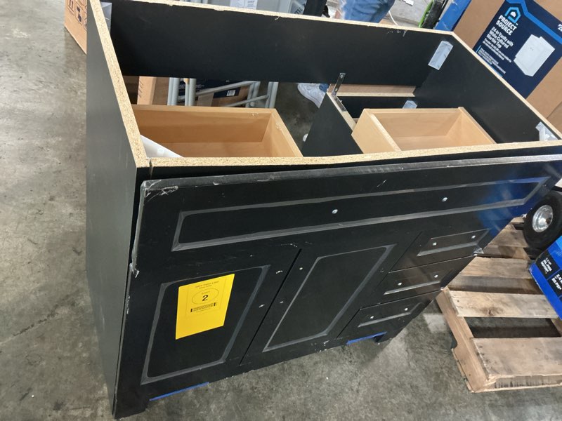 Condition photo showing As Is for (incomplete missing sink)style selections cauley 36-in black single sink bathroom vanity with white cultured marble top