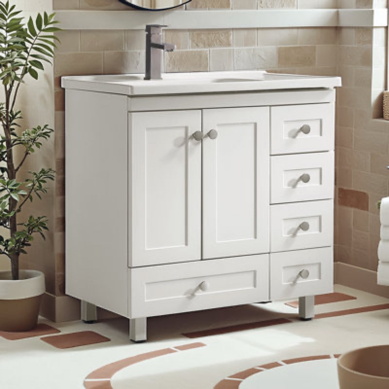 32\" Modern White Single Bathroom Vanity Set With 2-Doors ( incomplete  missing  sink )) 