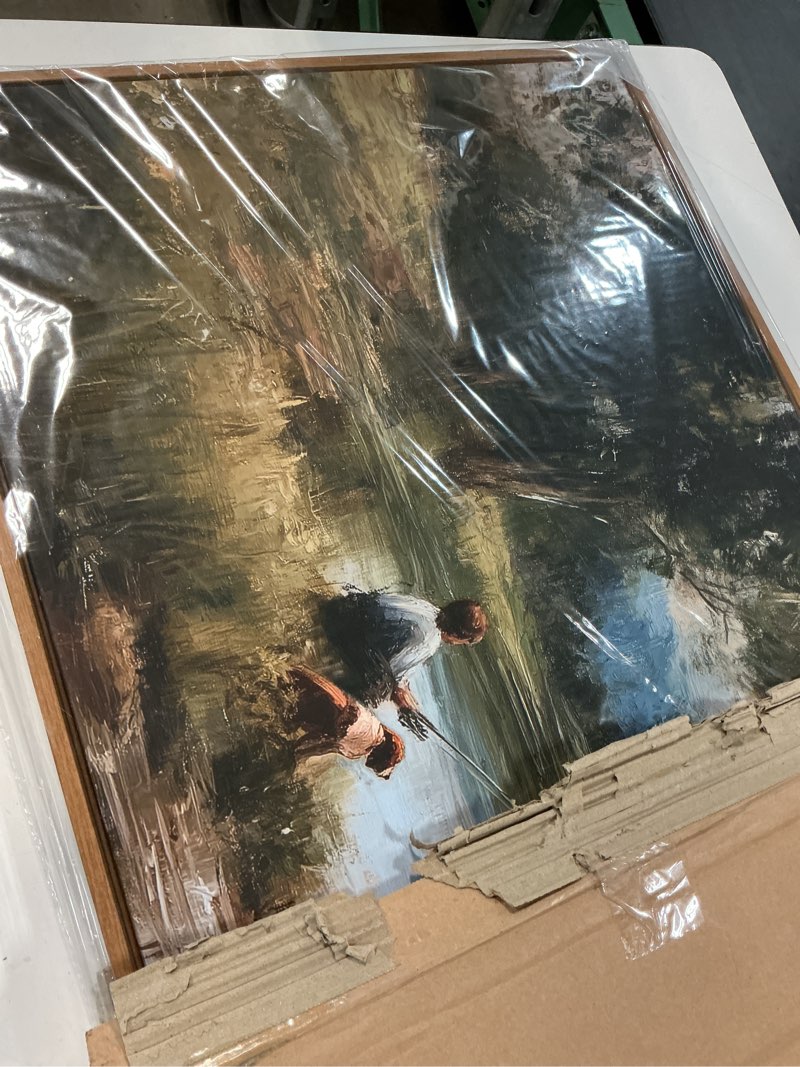Condition photo showing Good Condition for arpeotcy rustic landscape wall art for living room fireplace hallway, large framed art, 20x40in,vintage farmhouse earthy moody cozy decor, nature boy fishing paintings artwork for spring summer boy fishing 40"l x 20"w