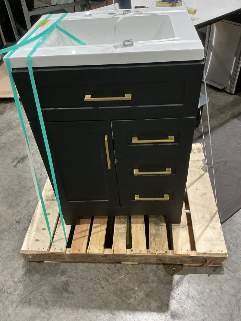 Condition photo showing As Is for style selections cauley black single sink bathroom vanity with white cultured marble (we don’t knot size)