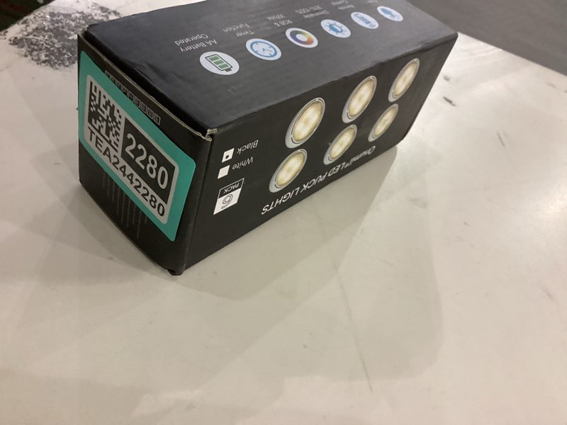 Condition photo showing New/Like New for LED Puck Lights with Remote Battery Operated Under Cabinet Lighting Wireless Stick on Lights Color Changing Timer Tap Lights for Cabinets Shelves Closets Display Case - 6Pack Black Black 6 Pack