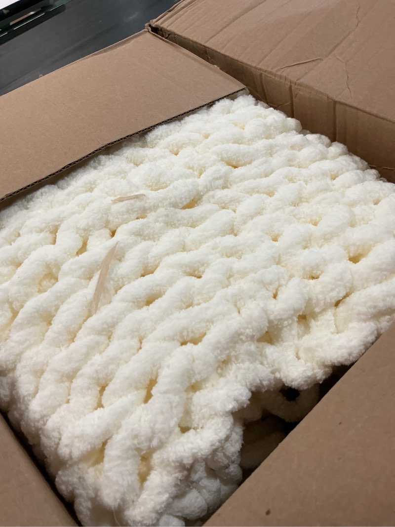 Condition photo showing As Is for bigacogo chunky knit throw blanket for couch, 40x60 inches, 100% hand knitted with thick jumbo chenille yarn, cozy soft large rope knot cable crochet blankets for sofa bed living room, ivory ivory 40"x60" (medium size throw?