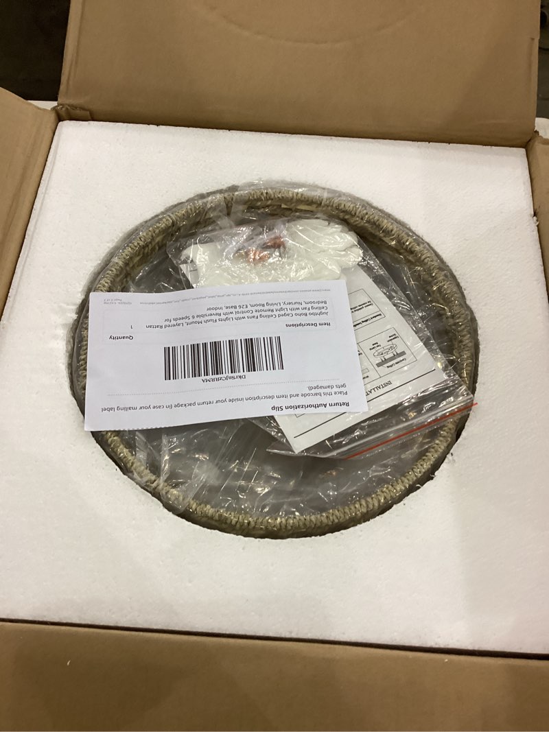 Condition photo showing New/Like New for Boho Caged Ceiling Fans with Lights Flush Mount, Layered Rattan Ceiling Fan with Light Remote Control with Reversible 6 Speeds for Bedroom, Nursery, Living Room, E26 Base, Indoor Rattan FF