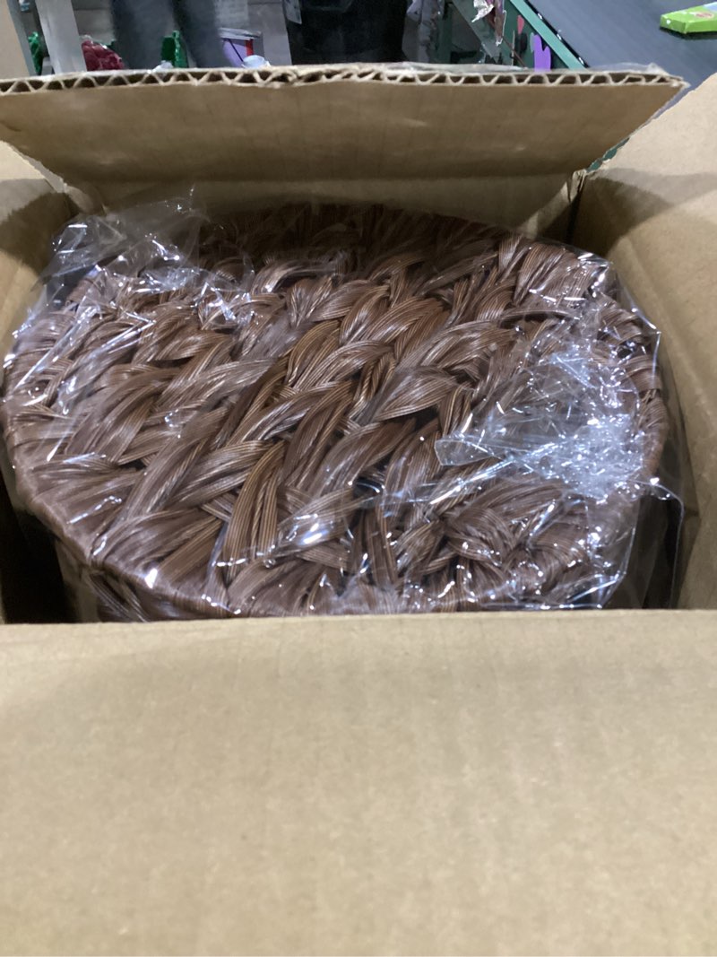 Condition photo showing New/Like New for 4 mega rolls extra toilet paper storage with lid, waterproof plastic wicker toilet paper holder basket stand, decorative boho covered enclosed toilet tissue organizer for bathroom, brown