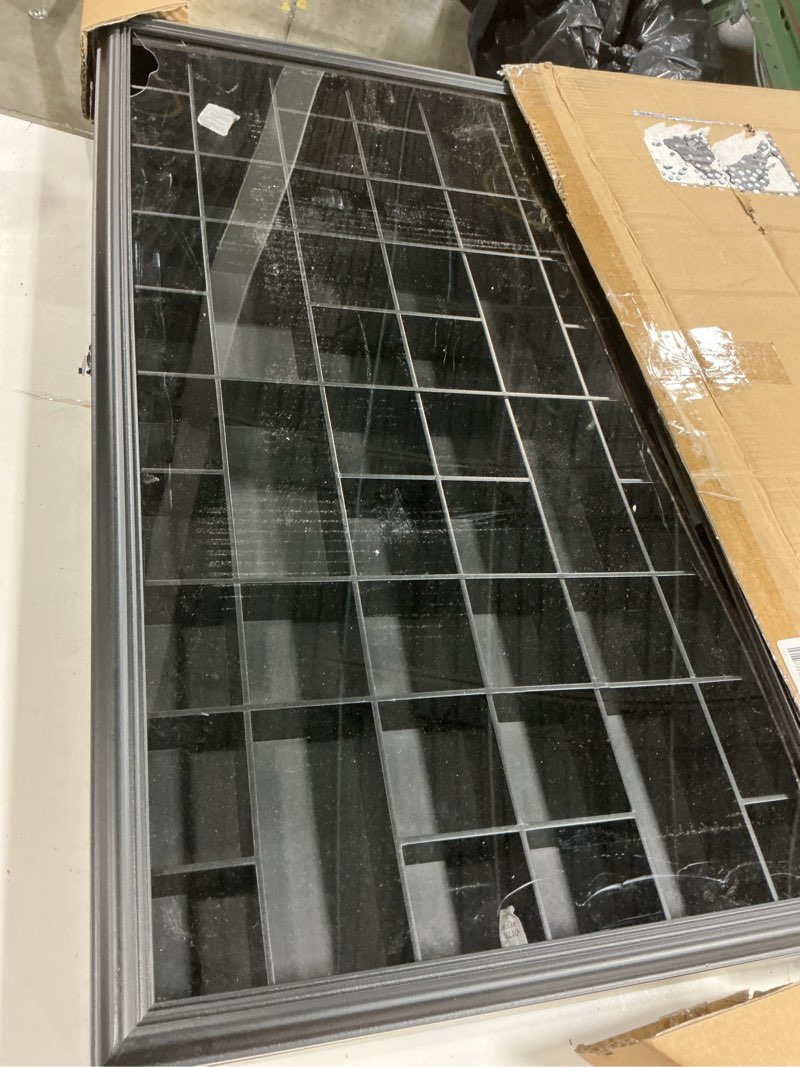 Condition photo showing As Is for gallery solutions - black wall-mounted - curio & shot glass display case - 17"x32" glass door - bar accessories - collectible - miniature glassware - bar accessories black 17" x 32"