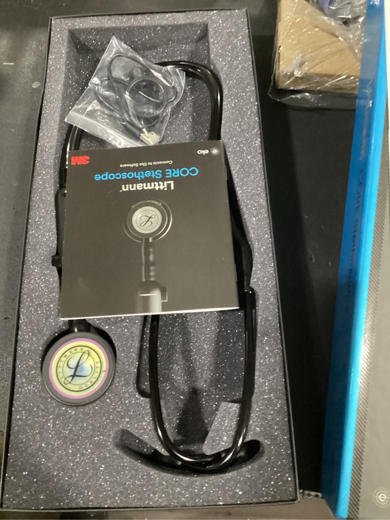 Condition photo showing New/Like New for 3m littmann core digital stethoscope, our most advanced stethoscope yet, up to 40x amplification, active noise cancellation, in-app sound wave visualization, high polish rainbow chestpiece, 8570 black tube, black stem high polish rainbow-finish chestpiece