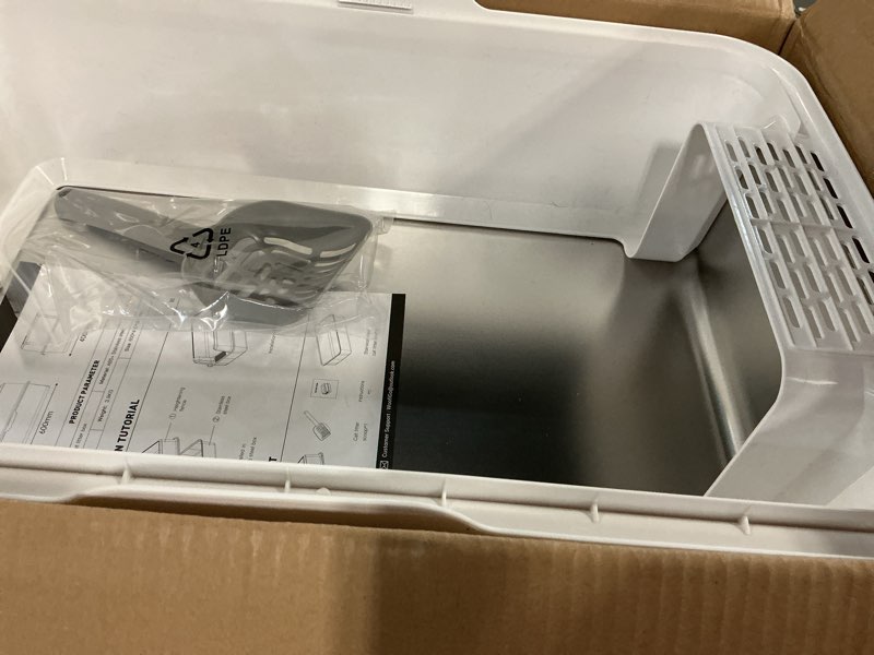 Condition photo showing As Is for woofigo stainless steel cat litter box with lid, xl metal litter box for big cats, extra large litter box with high sides, never absorbs odors, non-sticky, easy clean, anti-urine leakage, with scoop 4 - white (pack of 1)