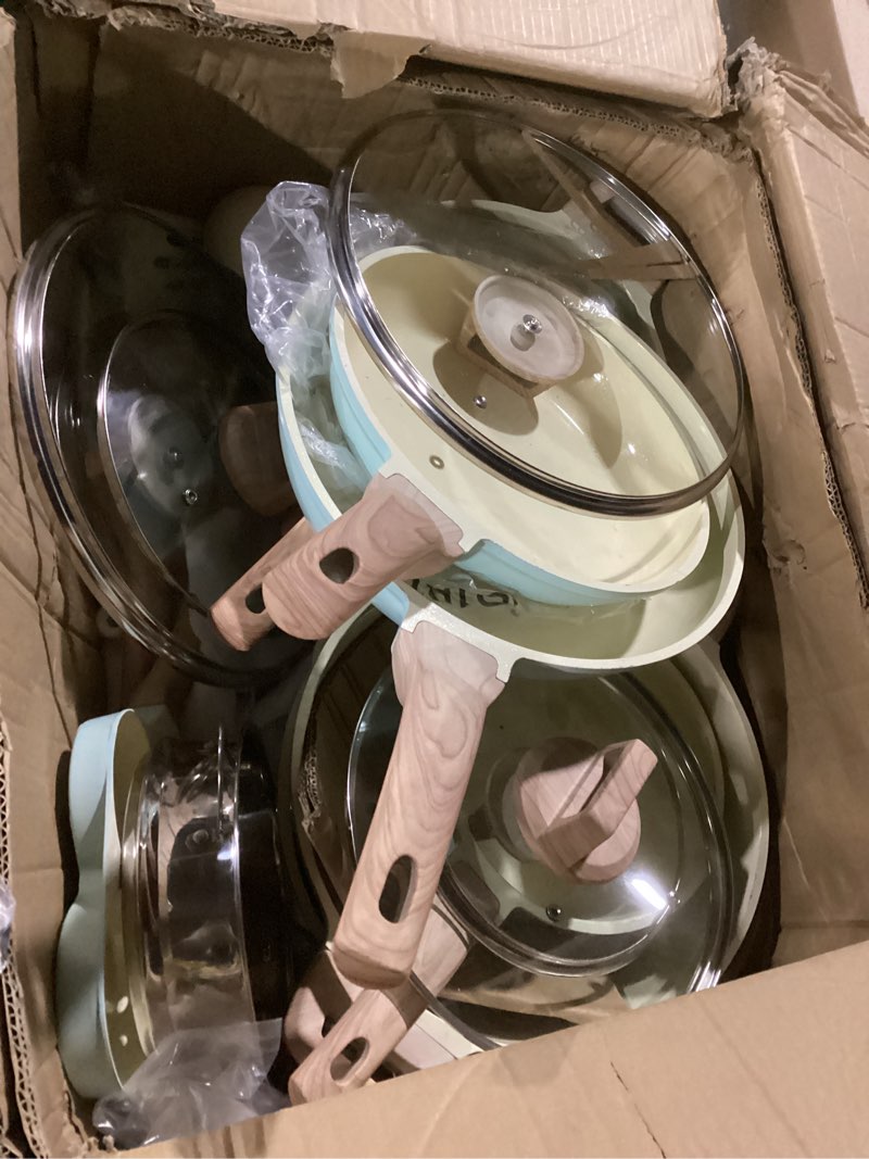 Condition photo showing As Is for carote 21pcs ceramic cookware set with detachable handles, pots and pans set non stick, rv kitchen cooking pot and pan, dishwasher safe, non-toxic induction cookware pfas and pfoa free, grey gray 20 pcs