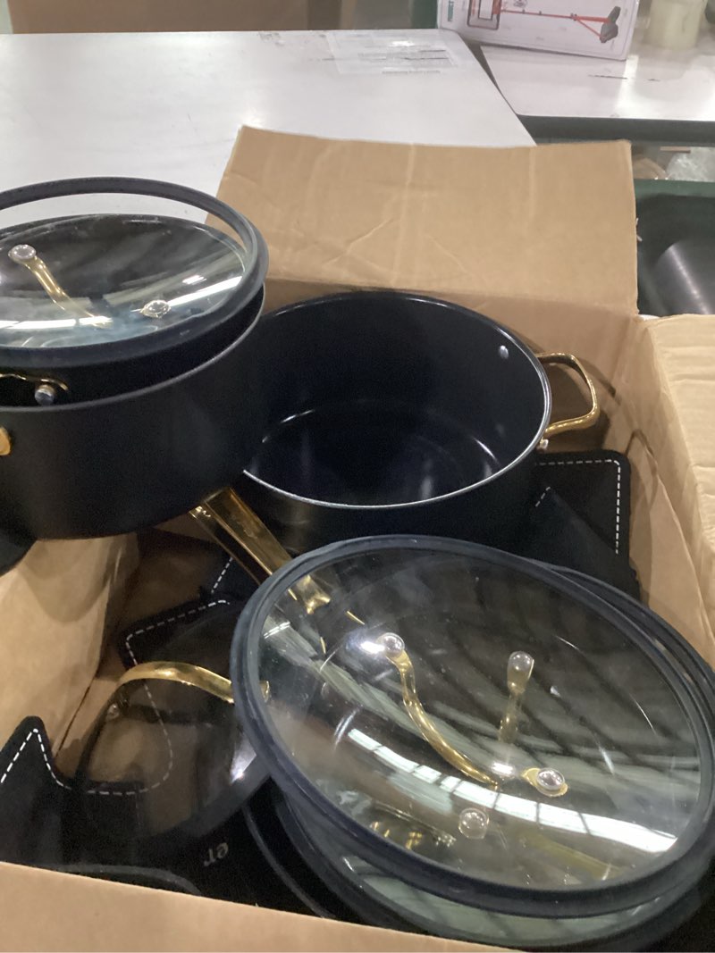 Condition photo showing As Is for ceramic cookware sets, 15pcs pots and pans set non stick, cookware set with stainless steel handle, dishwasher & oven safe, stone black and light gold handle stone black 15pcs set