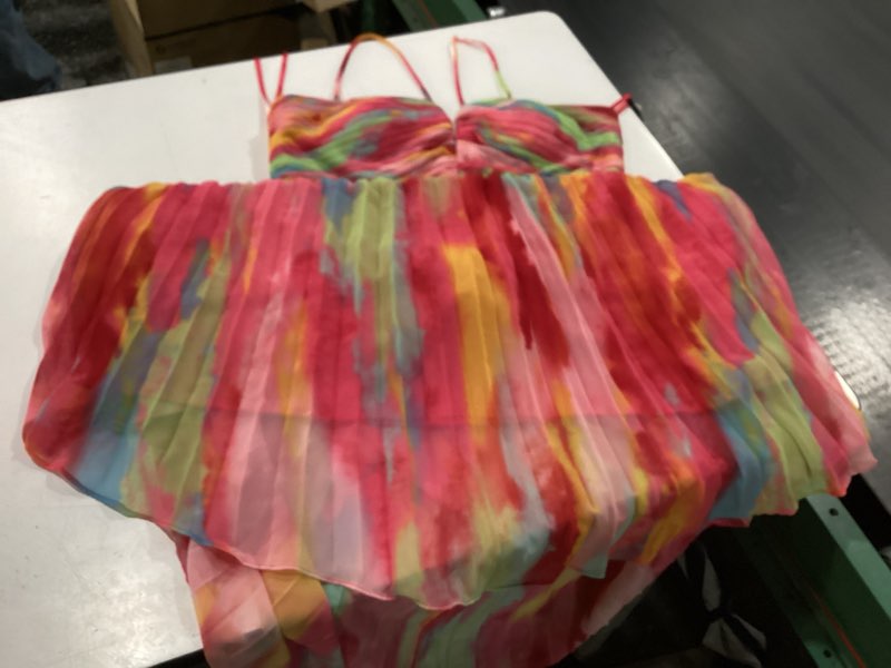 Condition photo showing New/Like New for xscape women's sleeveless long halter neck print dress, fushia multi, 14