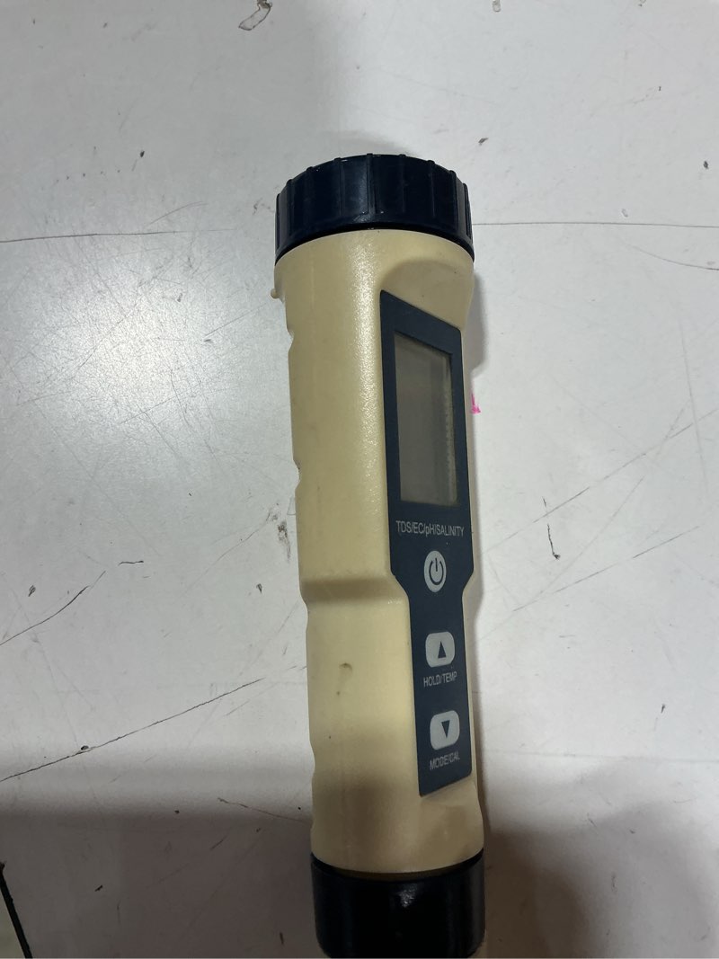 Condition photo showing As Is for pool salt tester, digital salt water pool tester & ph tester, salt tester for saltwater pool, digital salinity tester for water, 5 in 1 salinity ph temp ec and tds meter for pool, saltwater aquarium 5-in-1 pool salt water tester