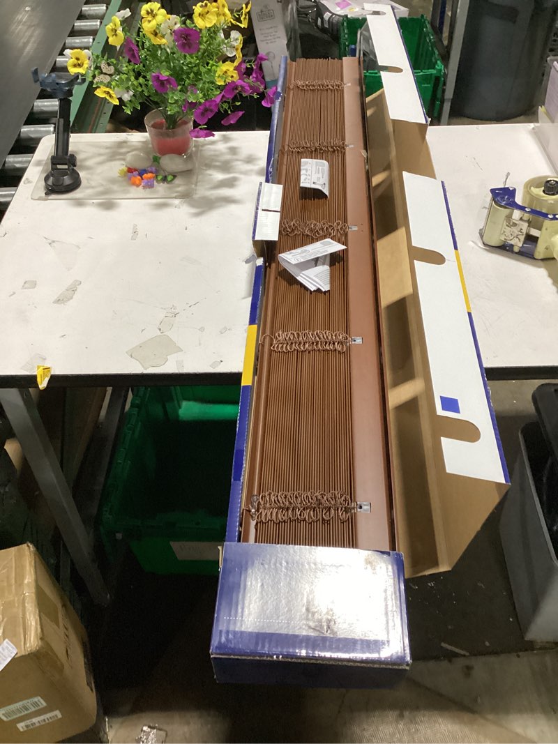 Condition photo showing As Is for levolor trim+go 2-in slat width 57-in x 64-in cordless walnut faux wood room darkening horizontal blinds