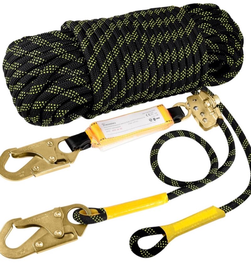 TRSMIMA Rope Harness Safety Lanyard?150ft Vertical Roofing Rope With Grab Snap Hooks Shock Absorber 