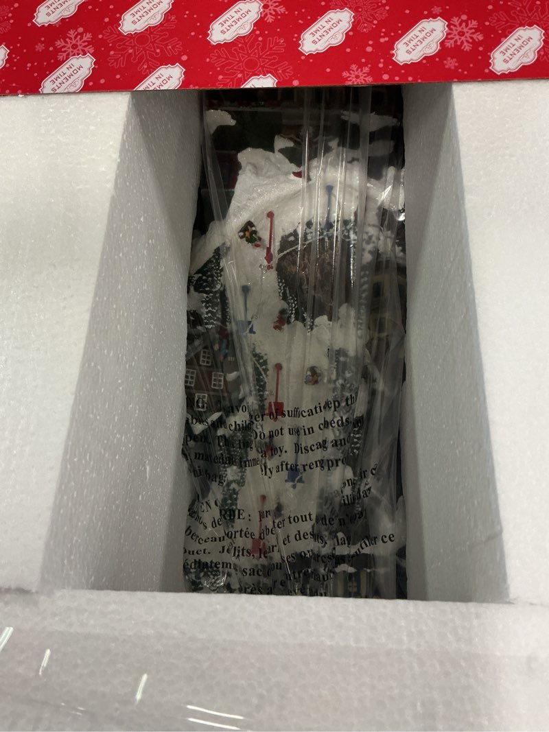 Condition photo showing Good Condition for MOMENTS IN TIME 20.5“H Ski Resort Mountain Resin Christmas Village Buildings, Featuring LED Lights, Christmas Music, and Animated Train - Power Adapter (Included)