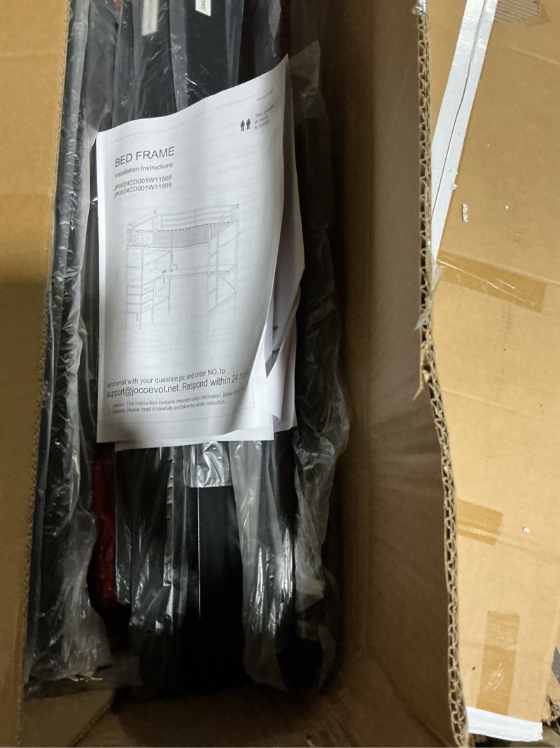 Condition photo showing Good Condition for (Similar to) Twin XL Over Queen Bunk Bed, Heavy Duty Metal Bed Frame with Reversible Anti-Slip Ladder, Low Bunk Beds with Full-Length Guardrails & Anti-Tip Device, Noise-Reducing Pads, No Box Spring Needed, Black | Reversible Ladder, All Ages Fit, Heavy Duty, No Box Spring Needed, Solid Construction TwinXL Over Queen