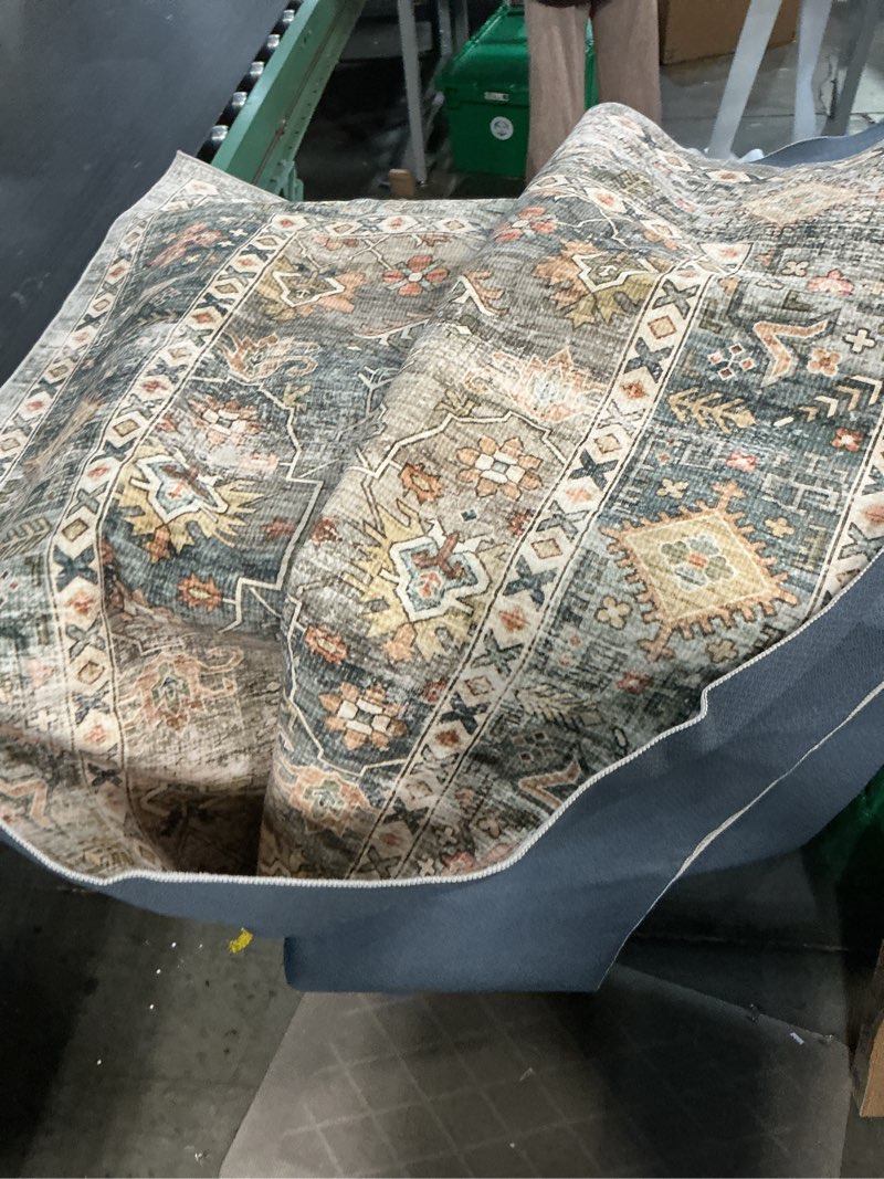 Condition photo showing As Is for 8x10 vintage area rug: washable neutral soft non slip thin large floor carpet for living room bedroom kitchen dining room home office farmhouse indoor - green green 8' x 10' (rectangular)