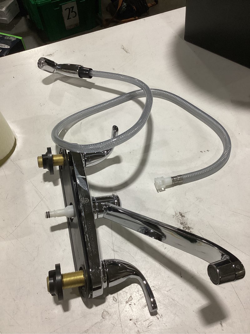 Condition photo showing Good Condition for project source dover chrome double handle deck-mount kitchen faucet (includes deck plate) (includes side sprayer)