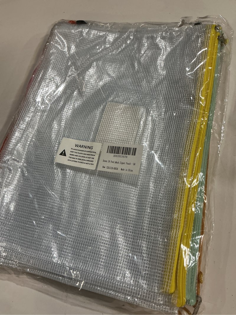 Condition photo showing New/Like New for Sooez 24 Pack Super Large Mesh Zipper Pouch Bags, B4 (15.6×11.2 in) Pencil Pouch Bulk with Label Pocket, Waterproof Organizers for Board Game Storage, File Bags for School, Travel & Office, 12 Colors